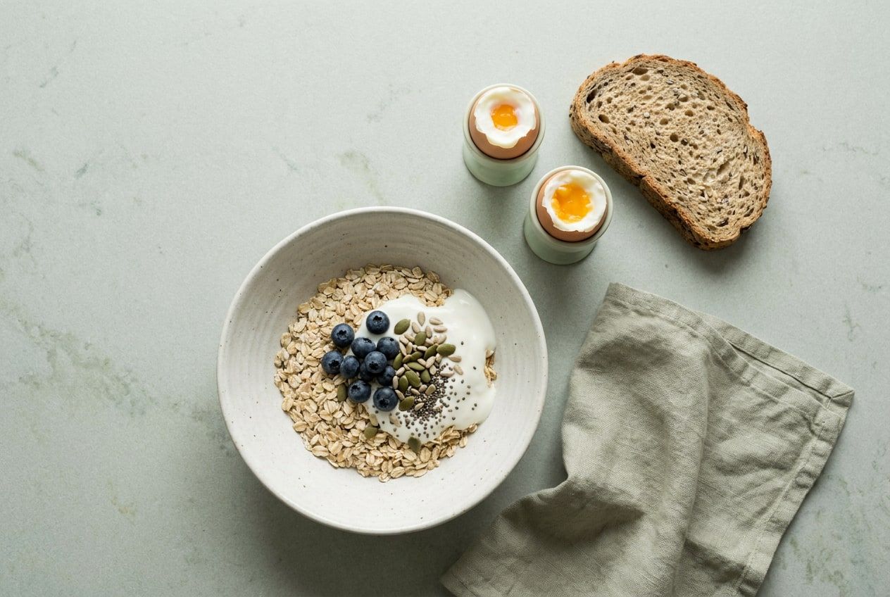 Oats with yoghurt, blueberries and seeds beside two soft-boiled eggs and seeded bread
