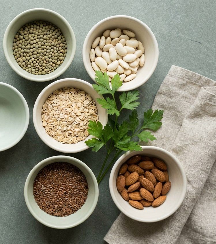 Small bowls of lentils, butter beans, oats, flaxseed and almonds with fresh parsley